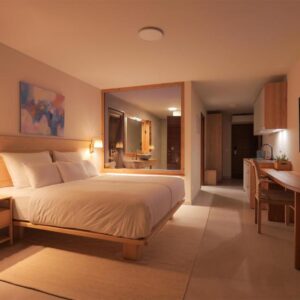 Romanticly lightened bedroom with a double bed and wall television