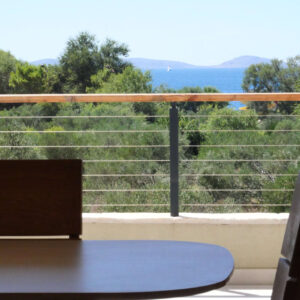 View of the sea and trees from balcony table